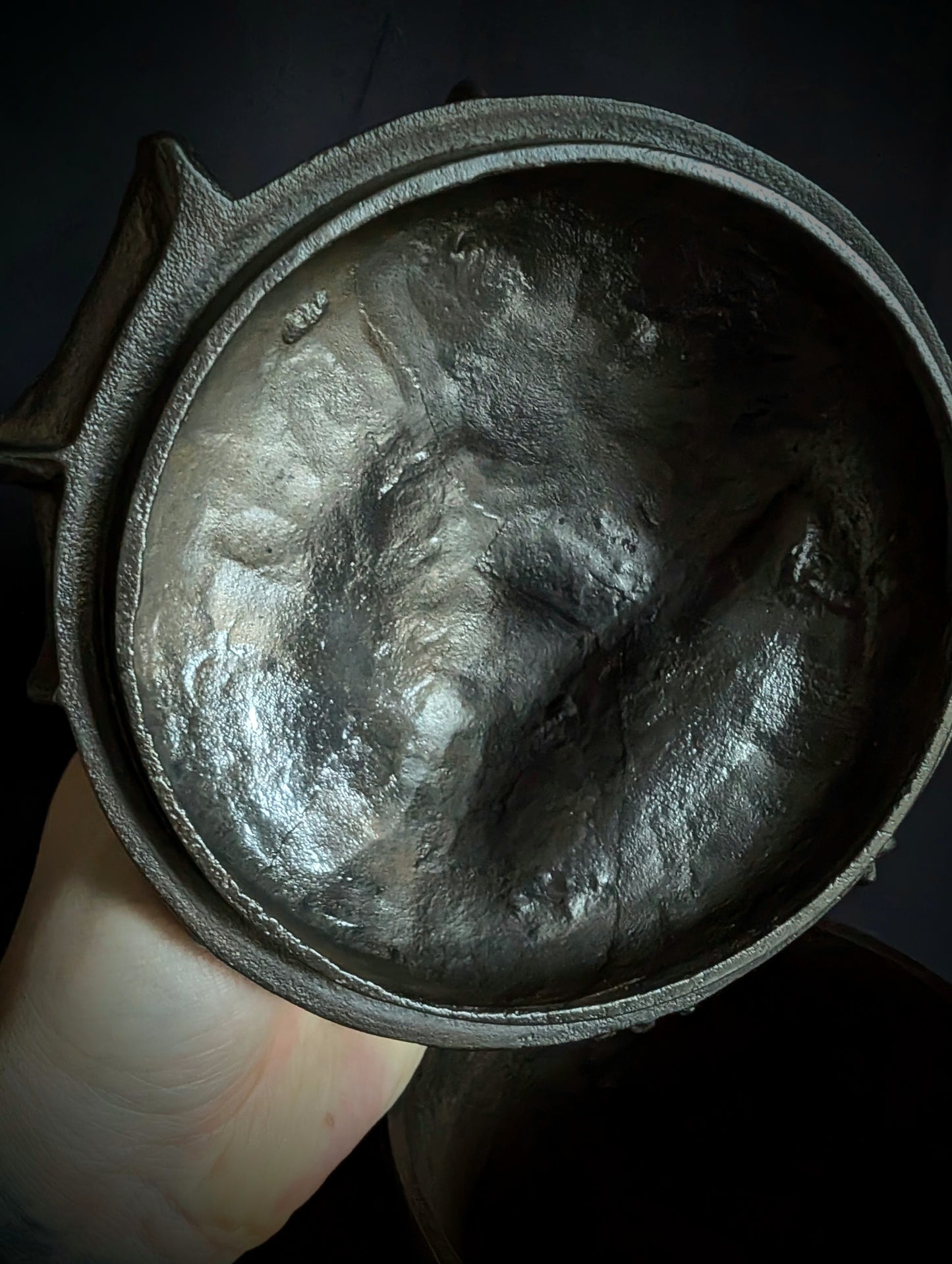 Rare antique tobacco pot with Devil on cauldron (cast iron, circa 1900)