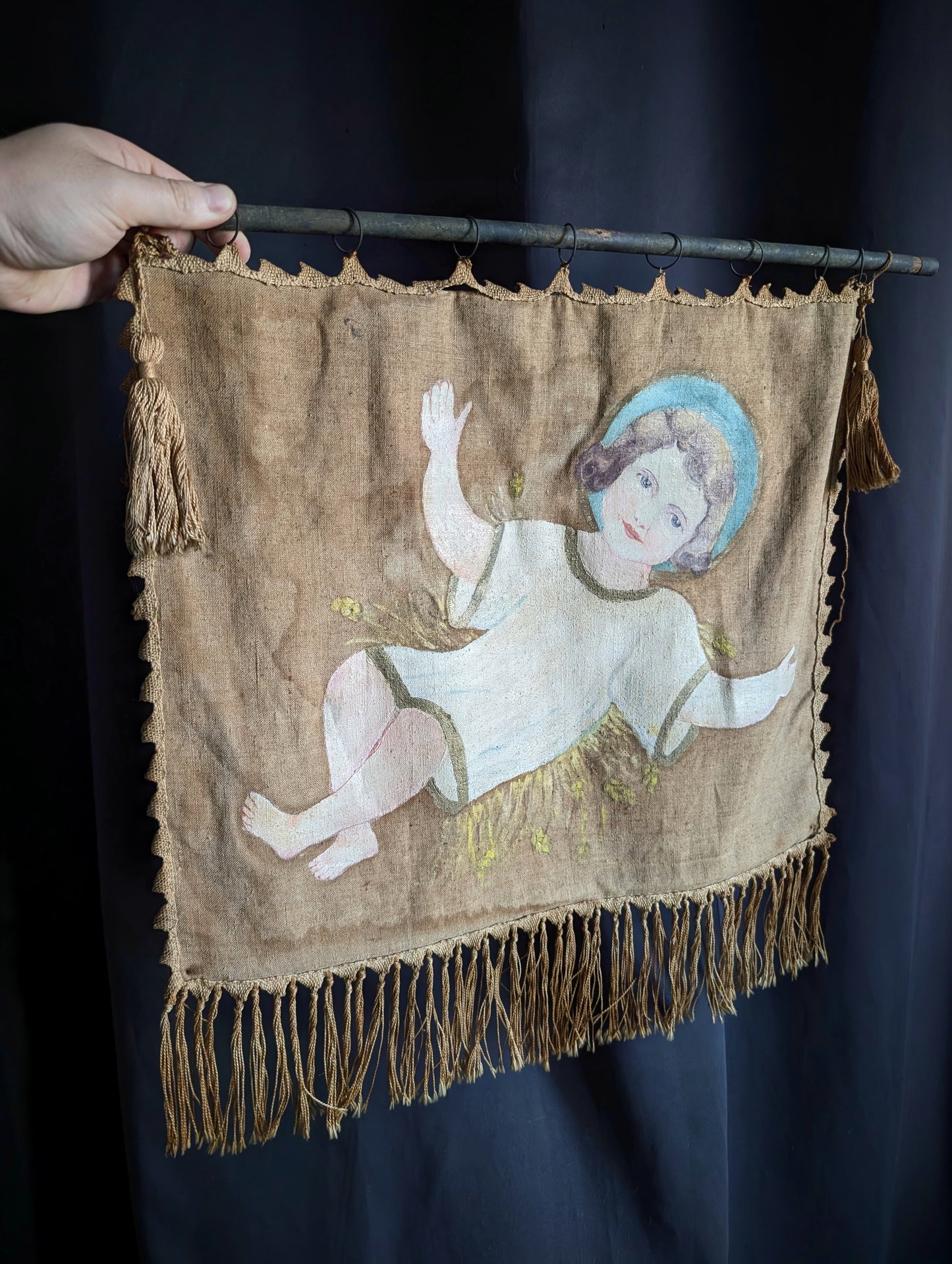 Antique church processional banner, with original painting from the early 1910s (57cm)