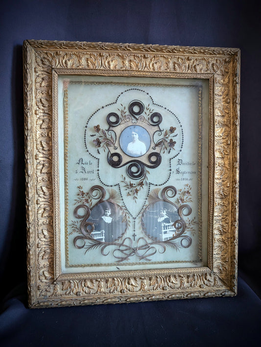 A magnificent antique Reliquary frame containing the hair of a mother and her two children, who passed away in France during the First World War in 1916.