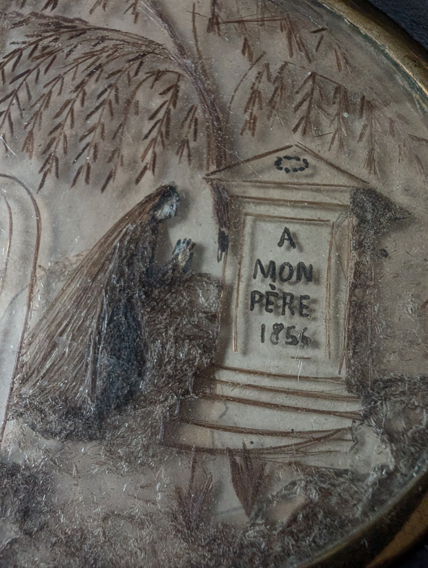 Very old reliquary with hair and mourning scene, mid-19th century (1856)