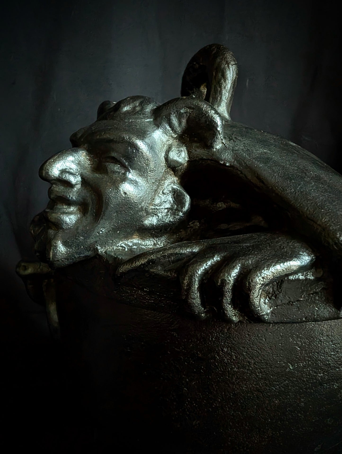 Rare antique tobacco pot with Devil on cauldron (cast iron, circa 1900)