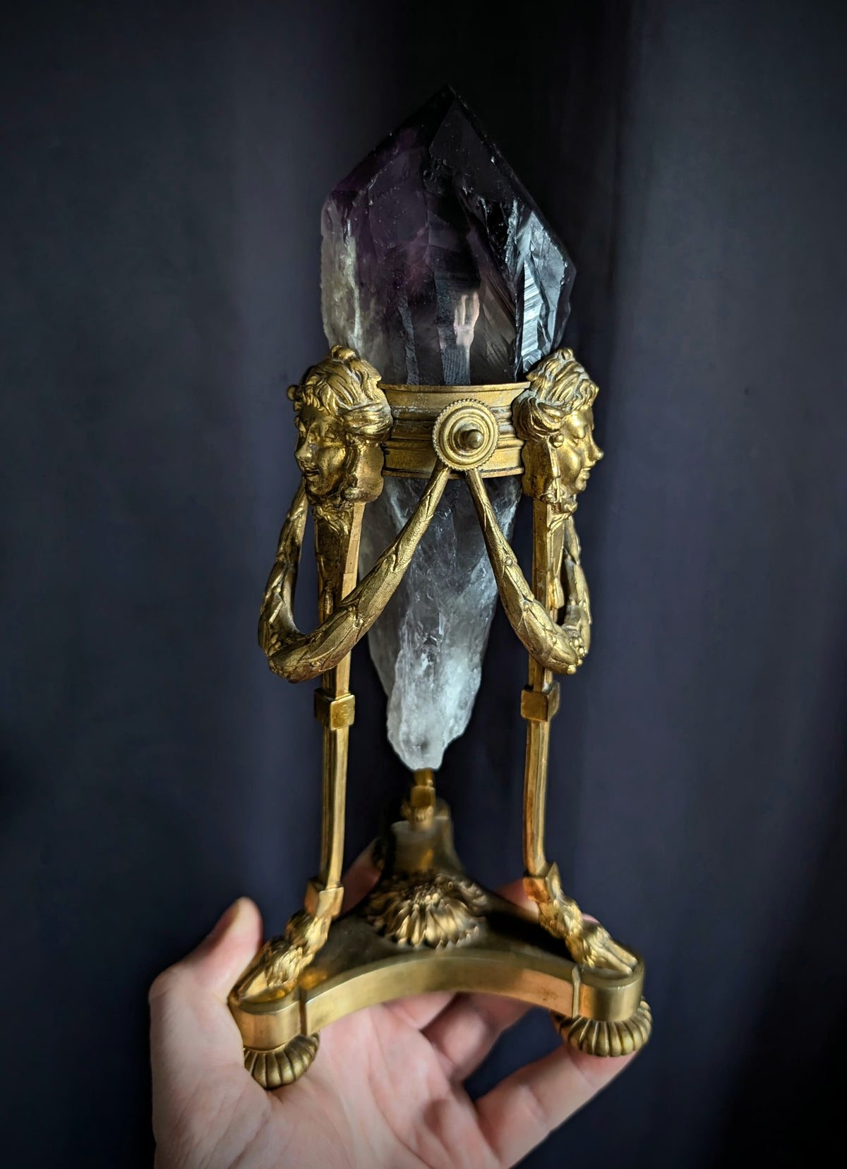 Amethyst Crystal on an Ornate Gilt-Brass Stand