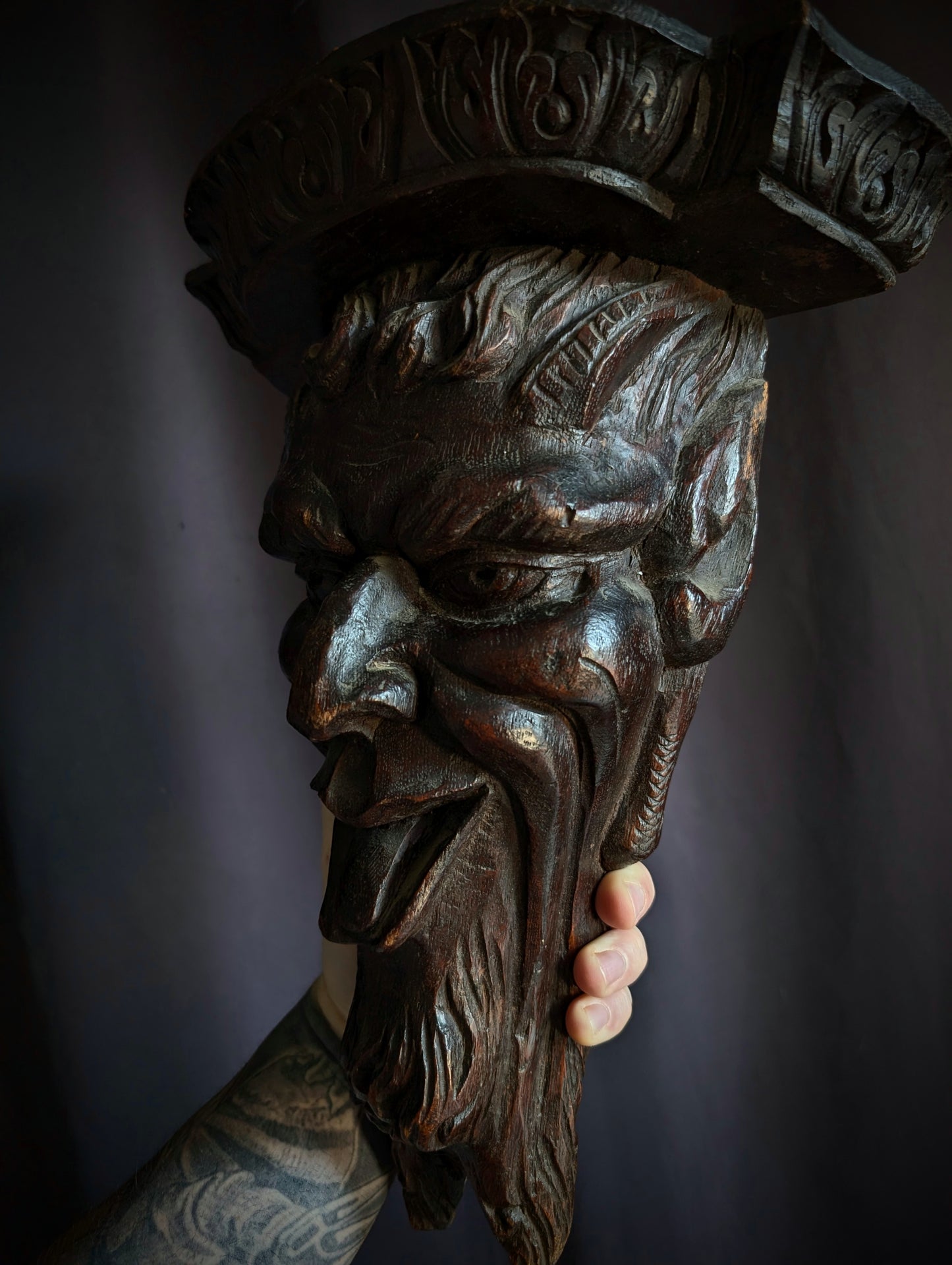 Antique carved wooden Satyr’s head from the 1850's    (40cm!)