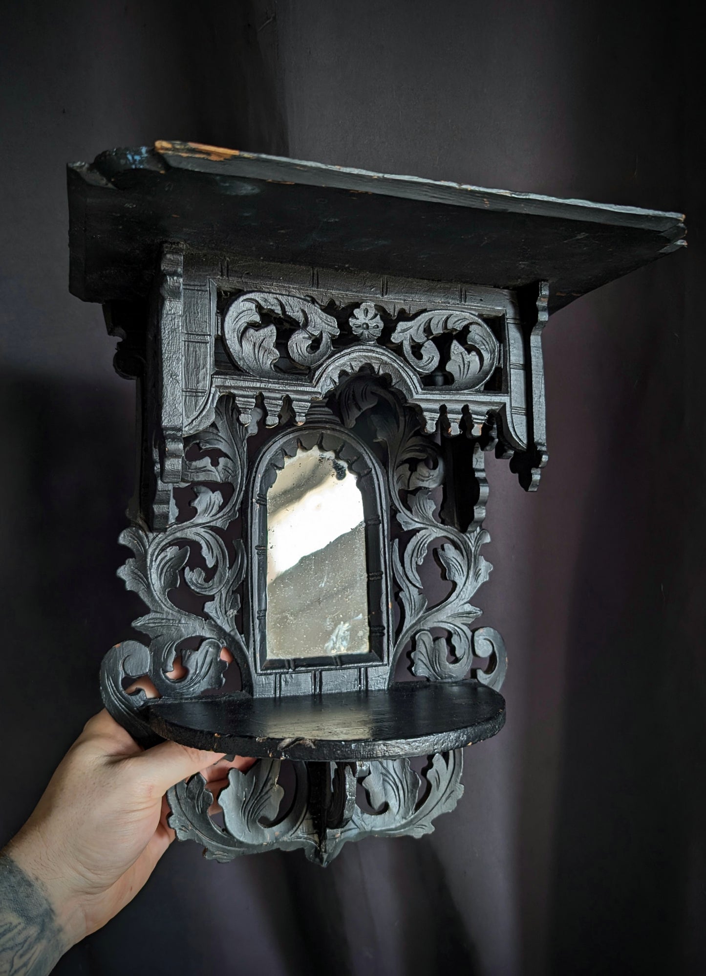 Antique black wooden wall-mounted console table (34x31cm) mid 20th century
