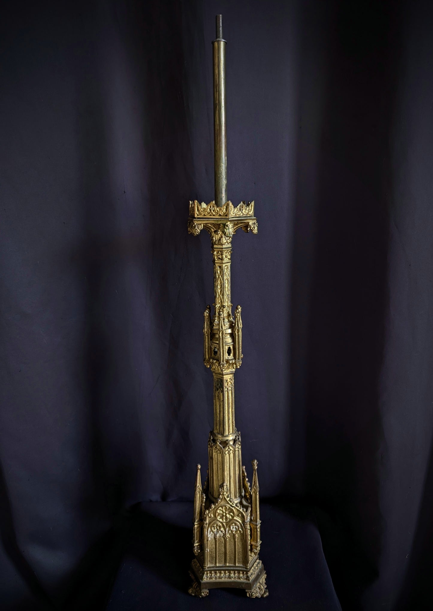 Antique church candle holder, late 19th century in brass 78cm (Can be turned into a lamp)