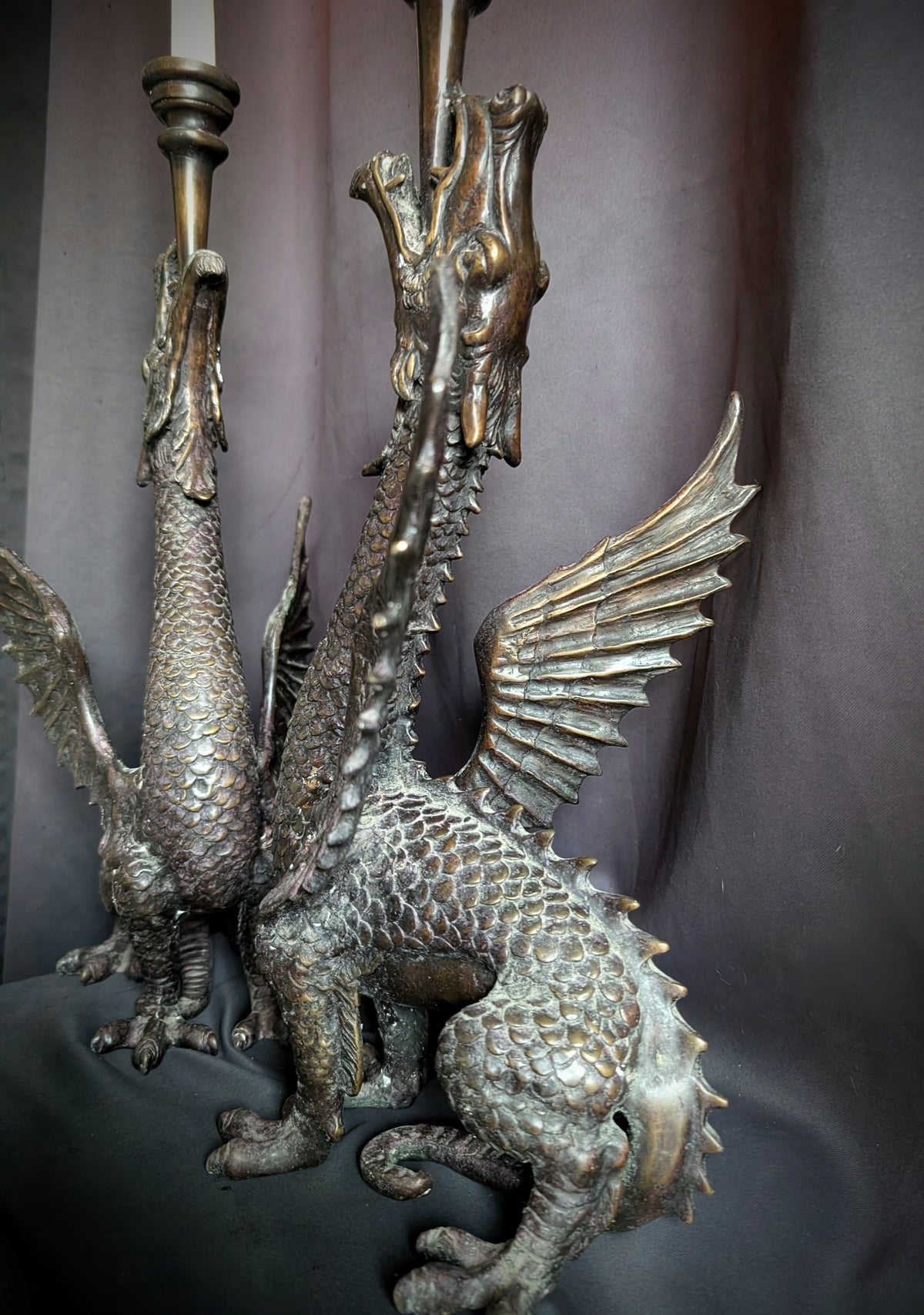 Magnificent Pair of Antique Bronze Dragon Candlesticks