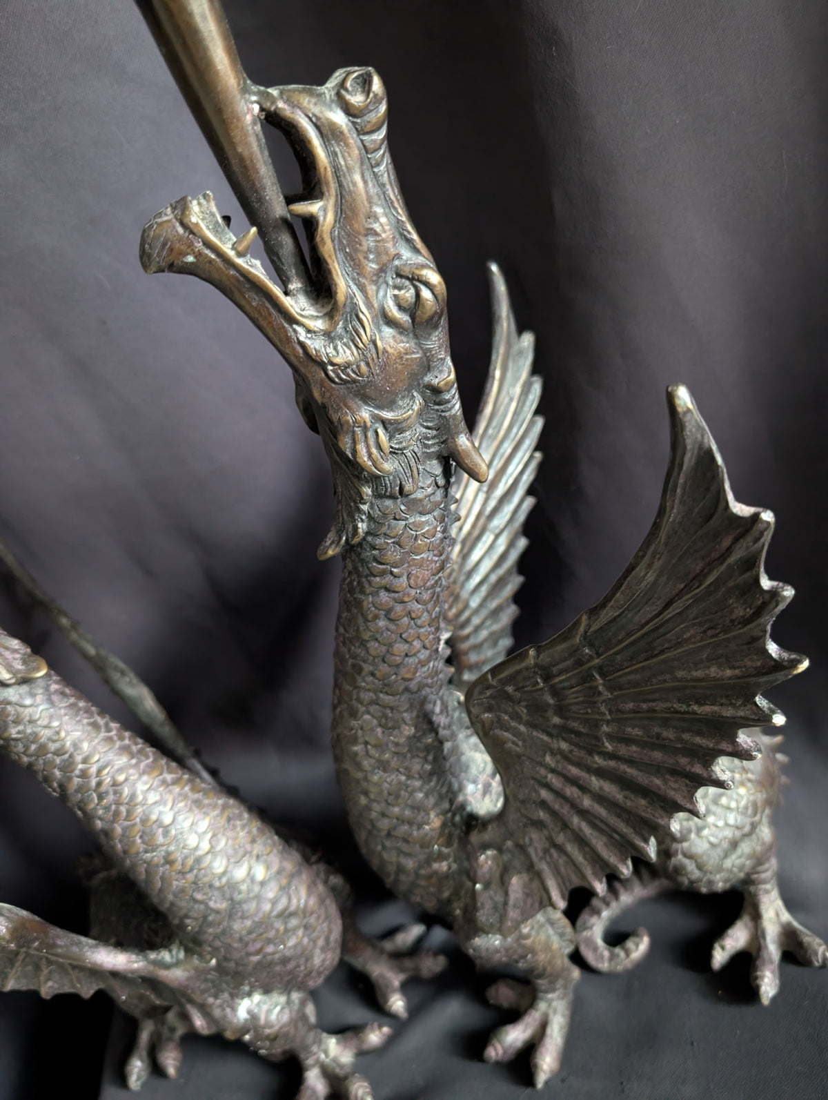 Magnificent Pair of Antique Bronze Dragon Candlesticks