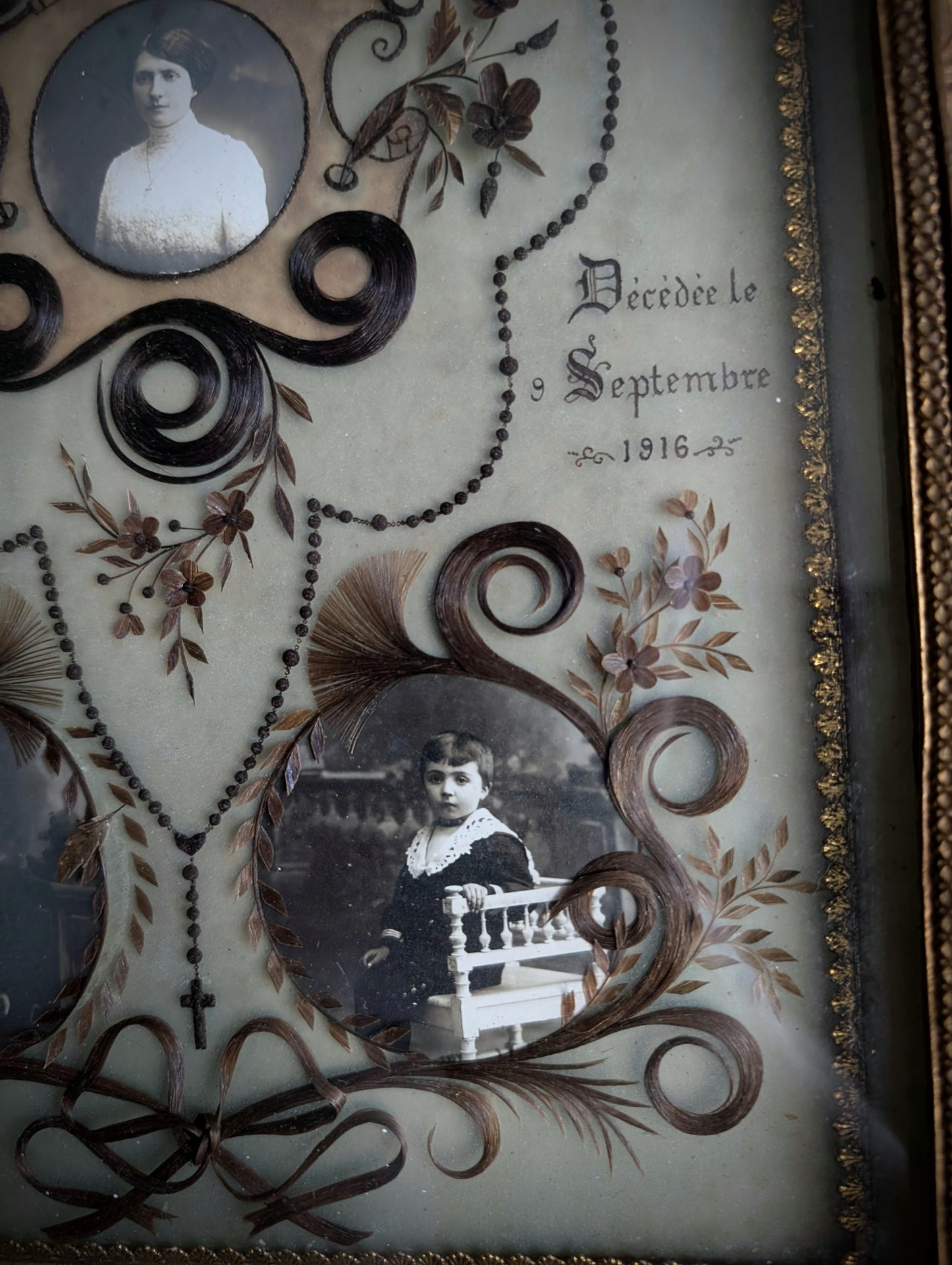 A magnificent antique Reliquary frame containing the hair of a mother and her two children, who passed away in France during the First World War in 1916.