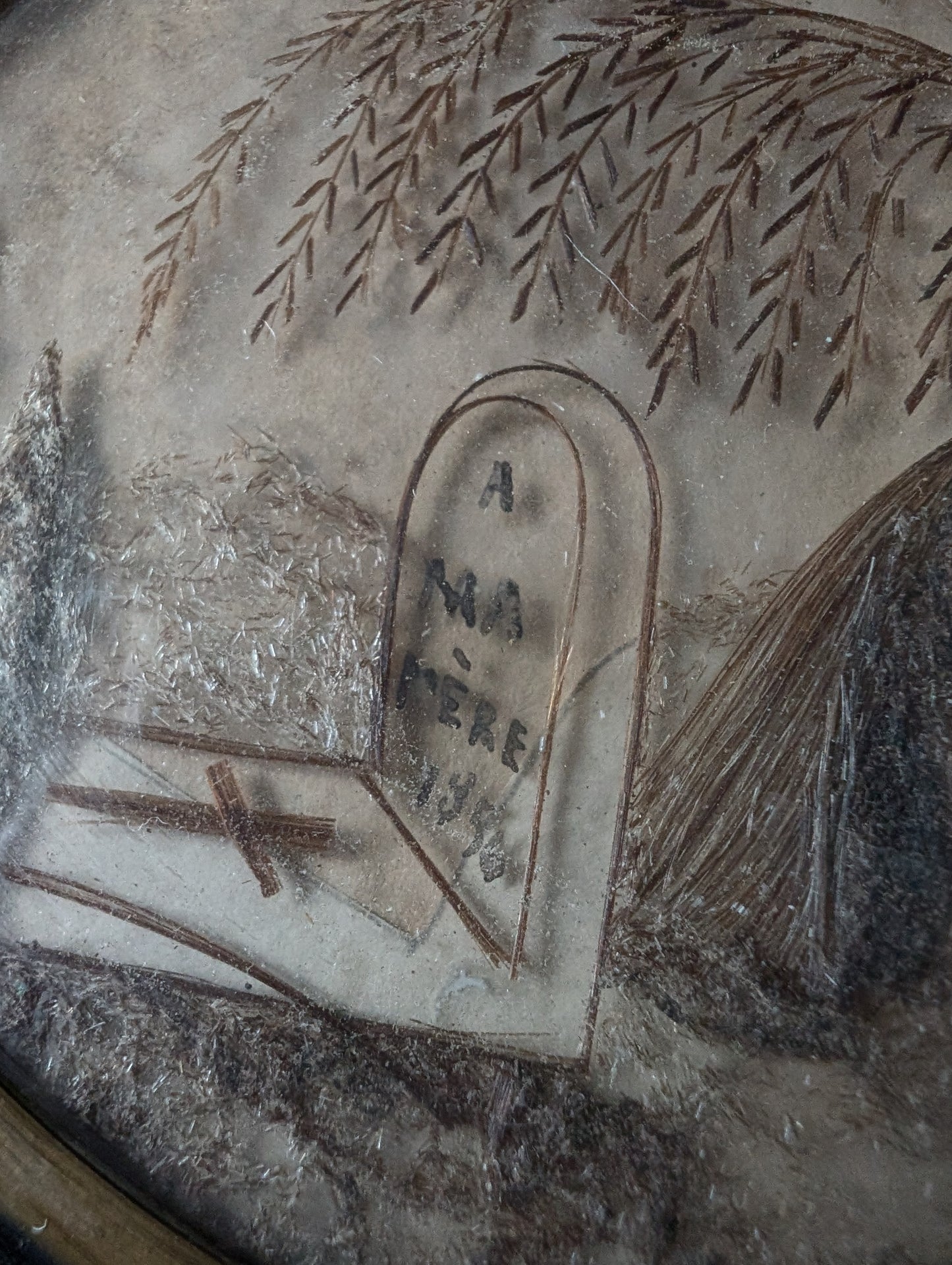 Very old reliquary with hair and mourning scene, mid-19th century (1856)