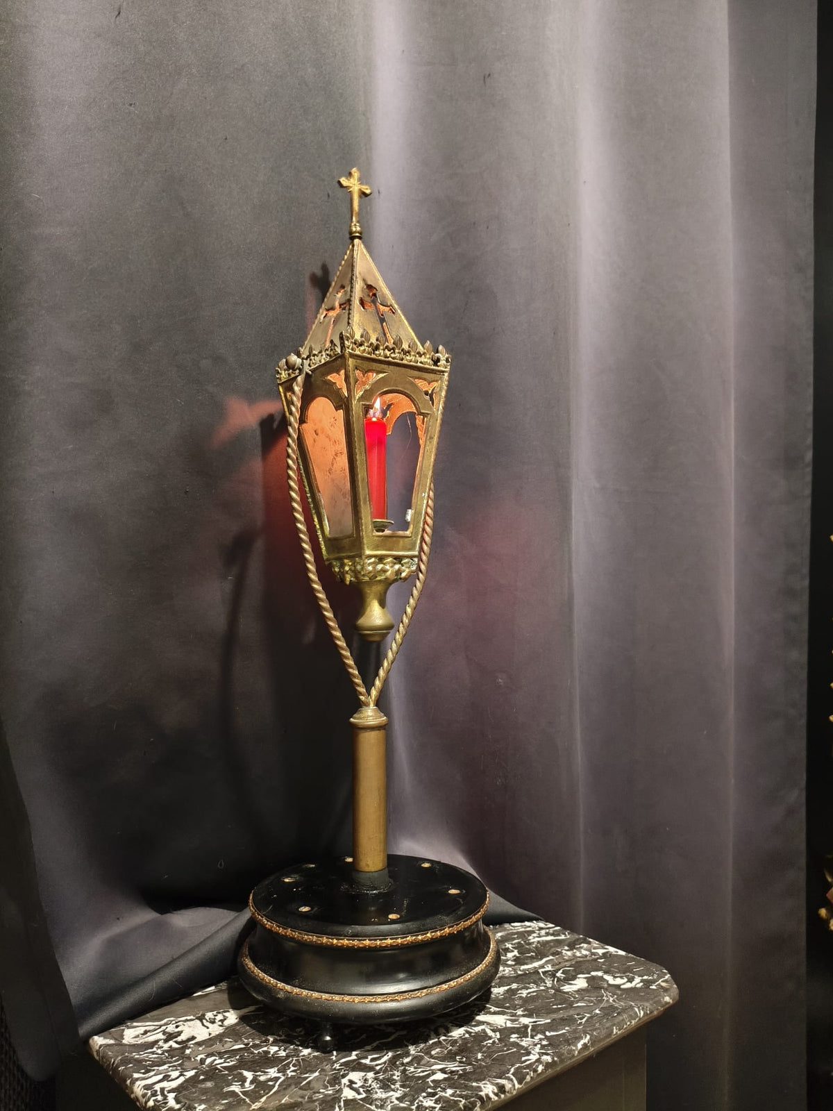 Magnificent 19th-century copper and brass lantern mounted on a wooden base