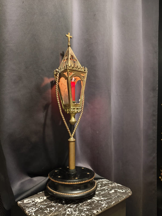 Magnificent 19th-century copper and brass lantern mounted on a wooden base