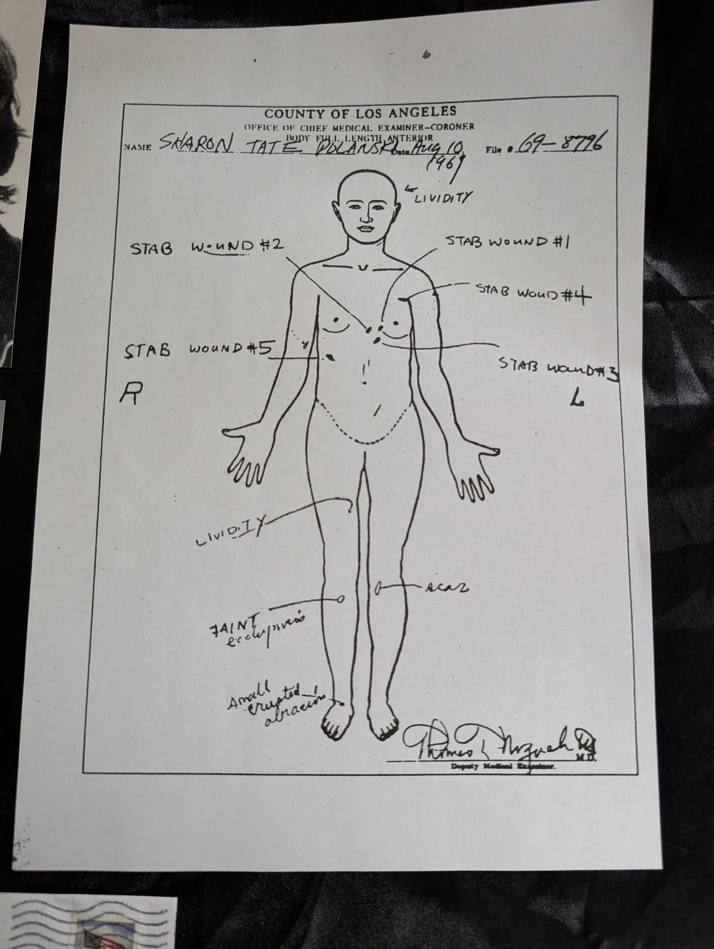 Original letter of Charles "Tex" Watson, ex member of the "Manson Familly" + pictures of him + copy of body diagram of Sharon Tate