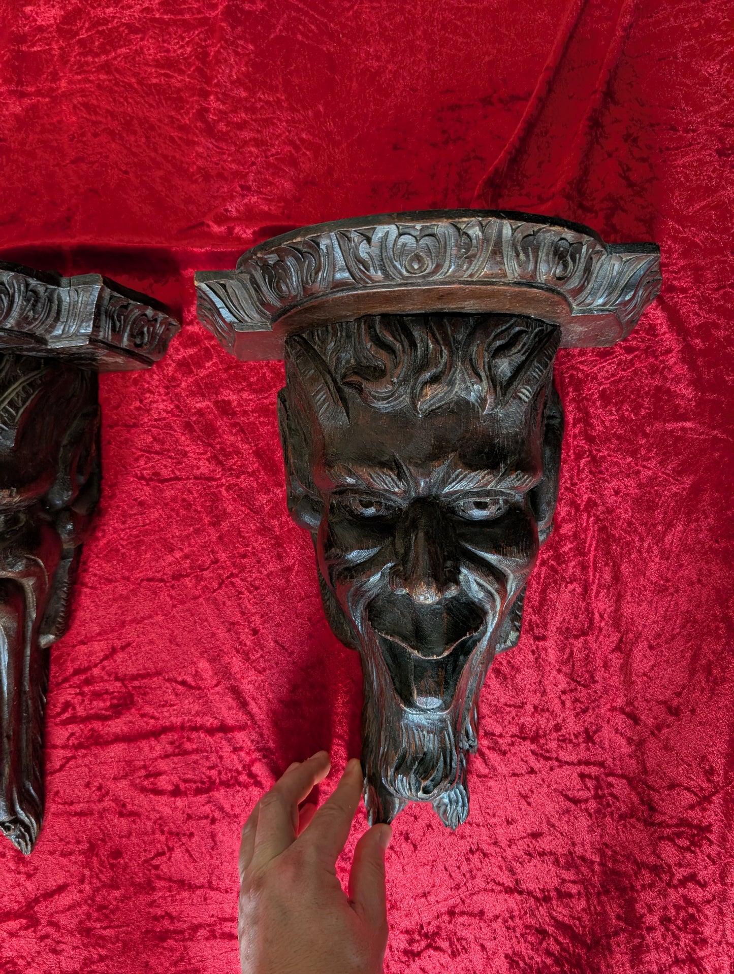 Pair of antique carved wooden Satyr’s head from the 1850's    (40cm!)