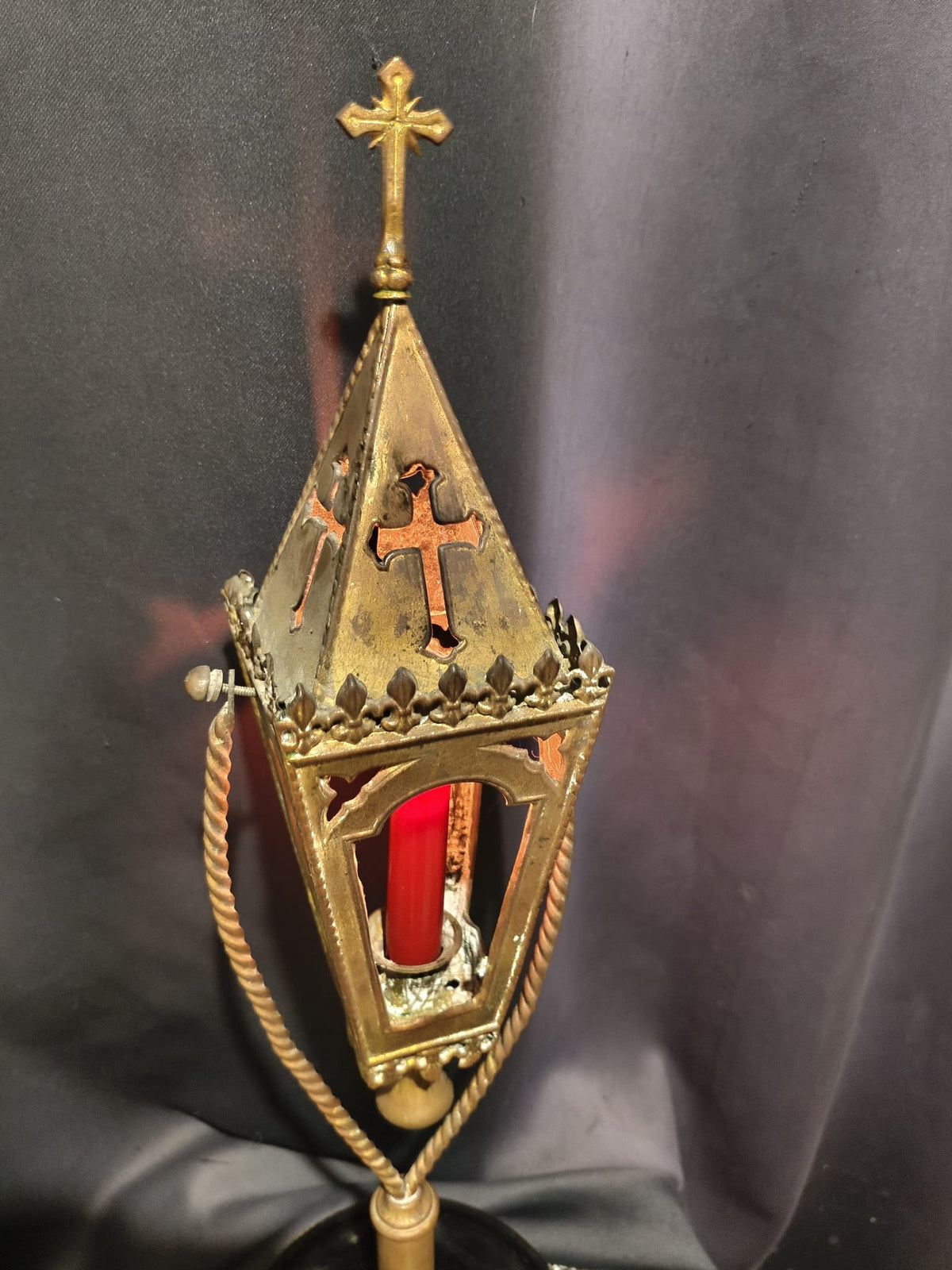 Magnificent 19th-century copper and brass lantern mounted on a wooden base