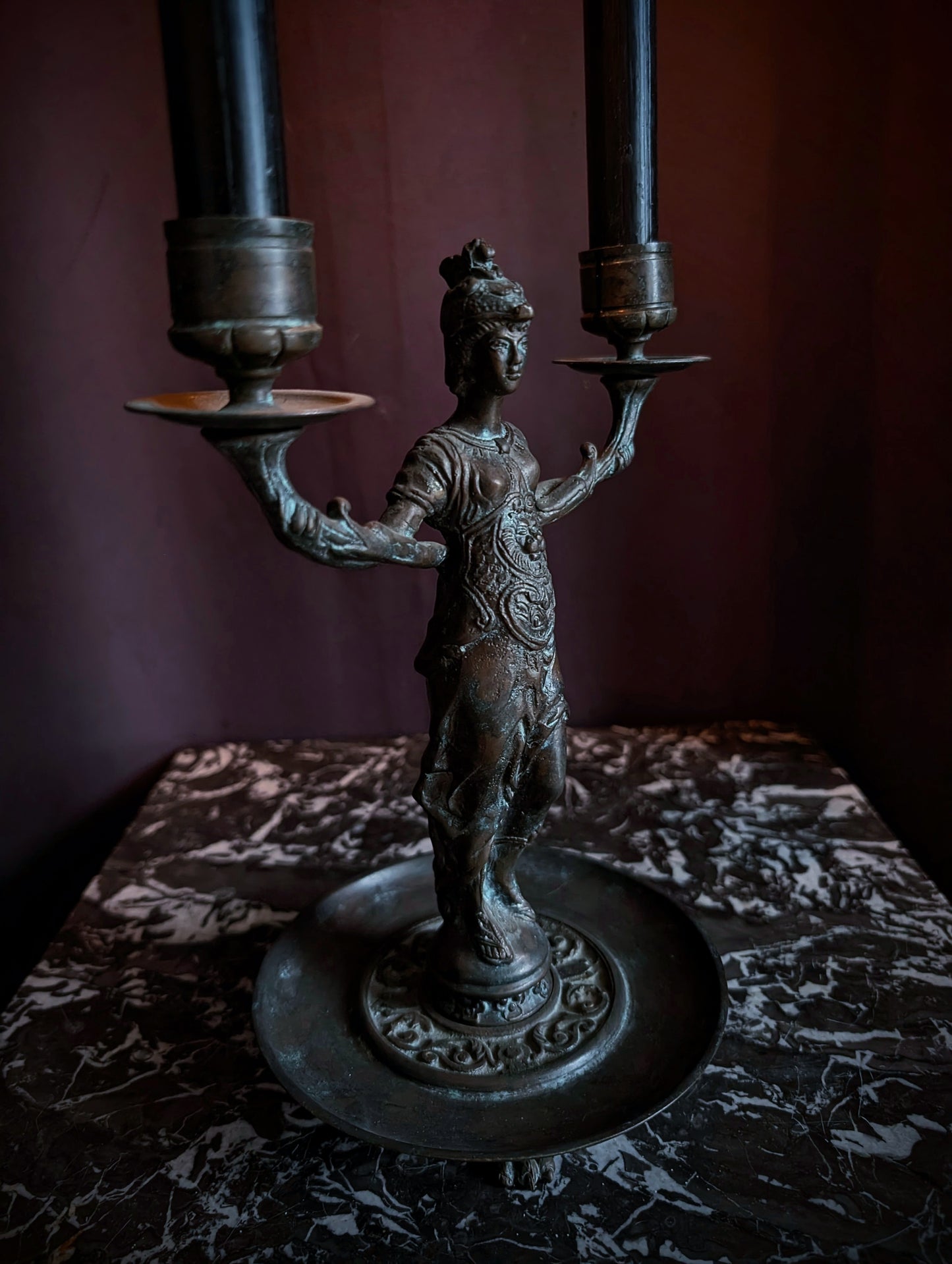 Antique Bronze woman candle holder