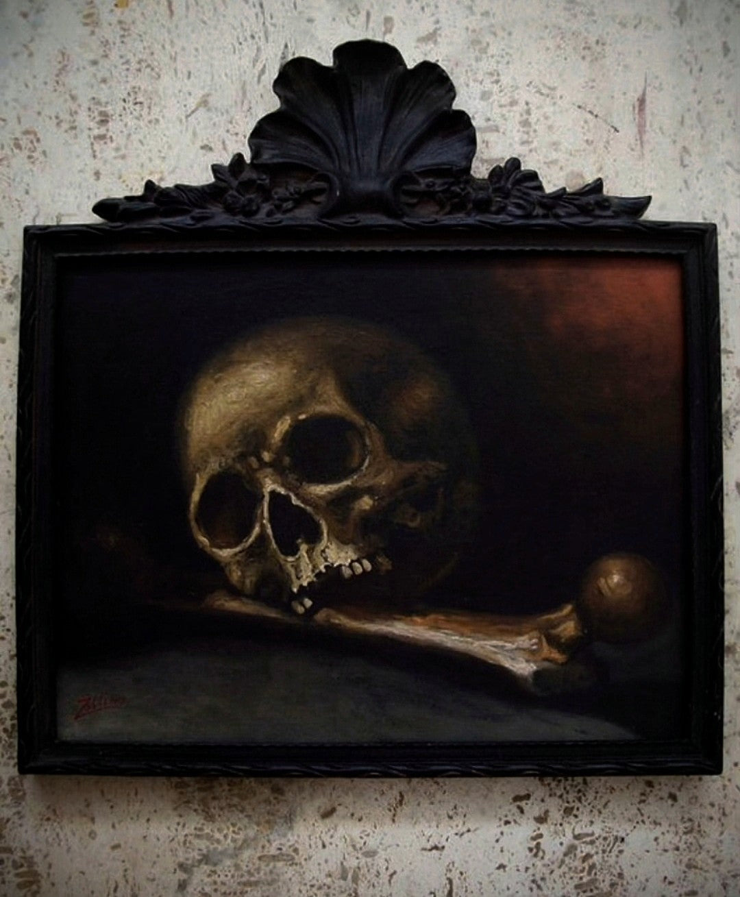 Original oil painting "Memento Mori" by italian artist Zollino in the 1950's